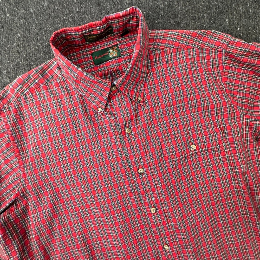 Vtg 90s Hathaway Clan Tartan Shirt Mens XL Red Plaid Button Down Made Hong Kong